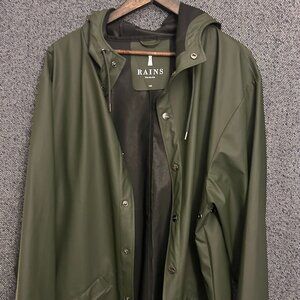 Rains Olive Green Waterproof Hooded Rain Jacket L/XL Snap Front Minimal